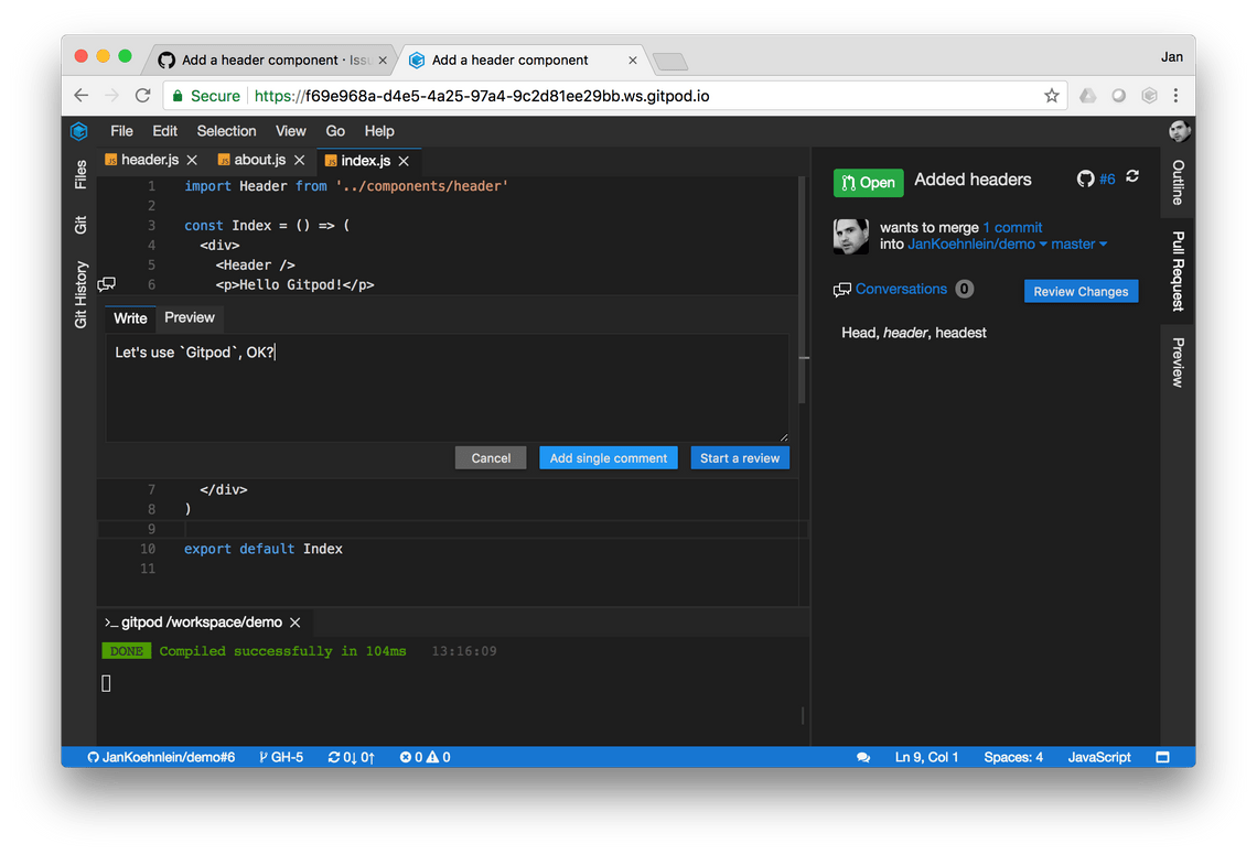 Gitpod Pull Request Coversation View