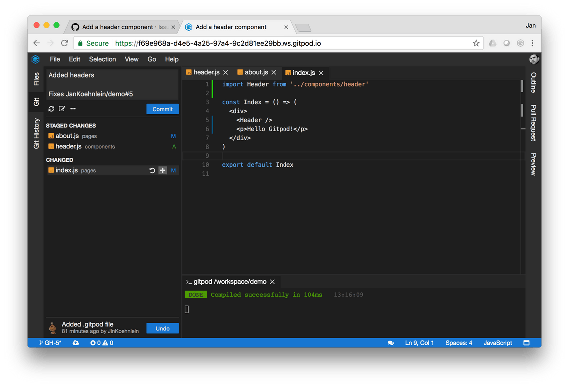 Git View for making commits in Gitpod
