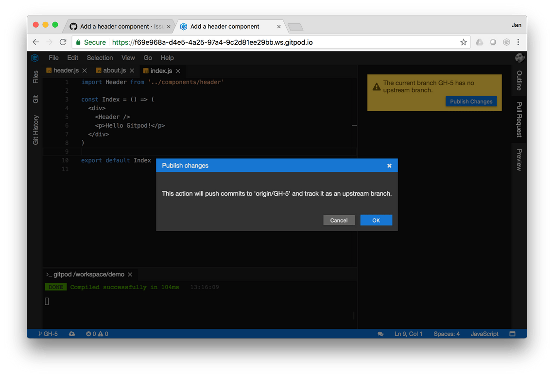 Gitpod Pull Request View Publish Changes button