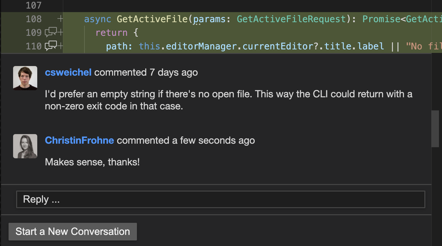 A code review within Gitpod